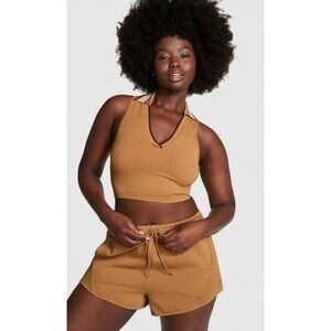 PINK Victoria Secret Medium Golden Oak Ivy Fleece Curved Hem Shorts
